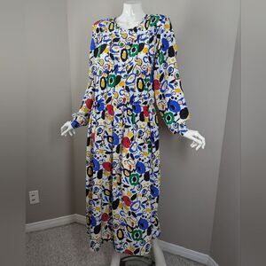 Vintage 80s Abstract Print Midi Dress Colorful Pleated Shoulder Long Sleeve Size